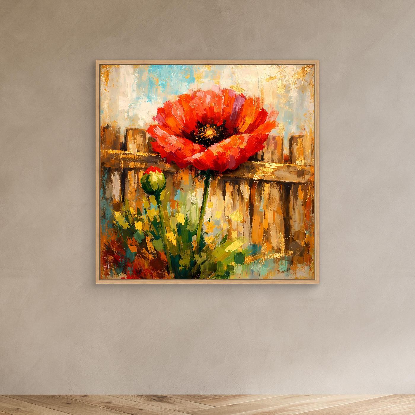 Kleines Leinwandbild mit abstrakter roter Mohnblume und grünem Stiel, Eichenrahmen