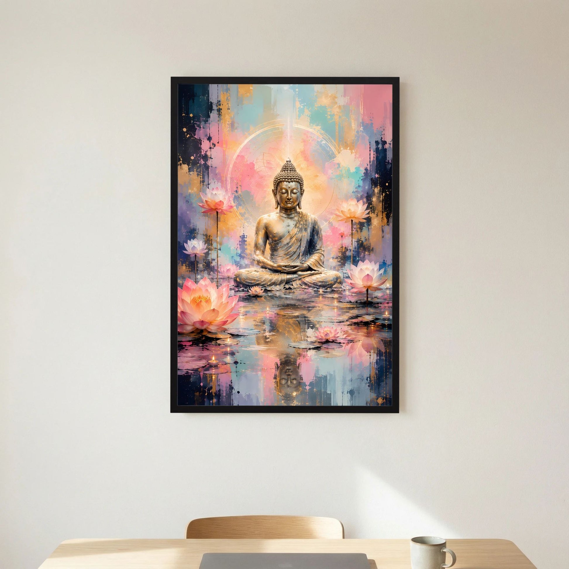 Poster: meditierender Buddha, goldene Figur mit Lotusblüten, abstrakter Farbverlauf im schwarzen Rahmen