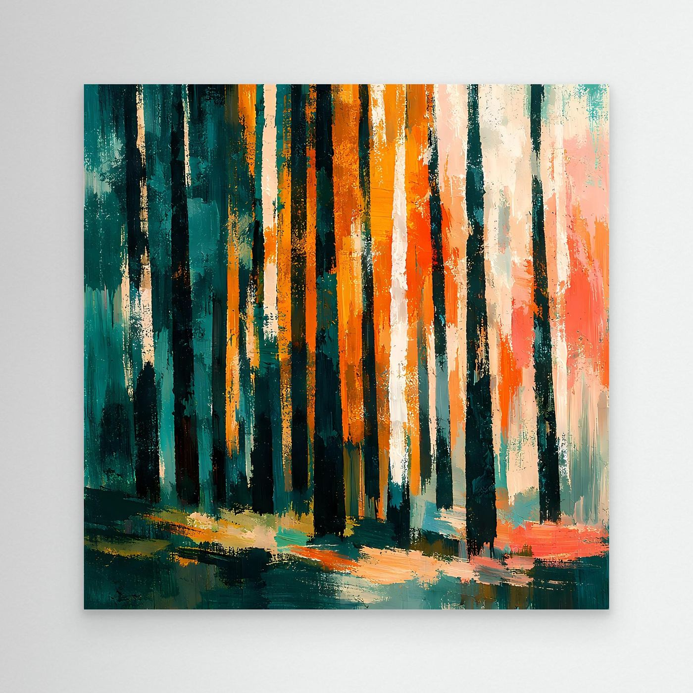Abstraktes Birkenwald-Wandbild ohne sichtbaren Rahmen, bunte Baumstämme, Herbstfarben