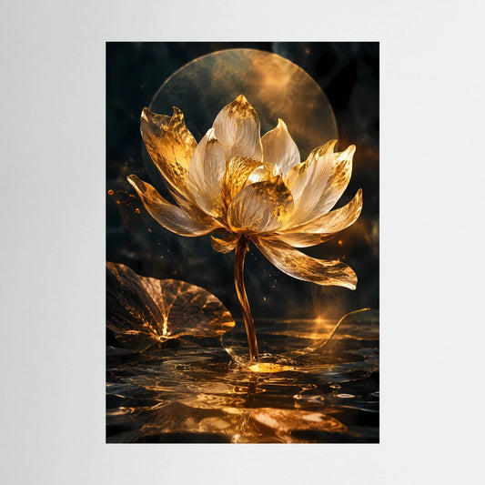 Hochformatiges Poster mit goldener Lotusblüte auf dunklem Hintergrund, leuchtende Flammenoptik.