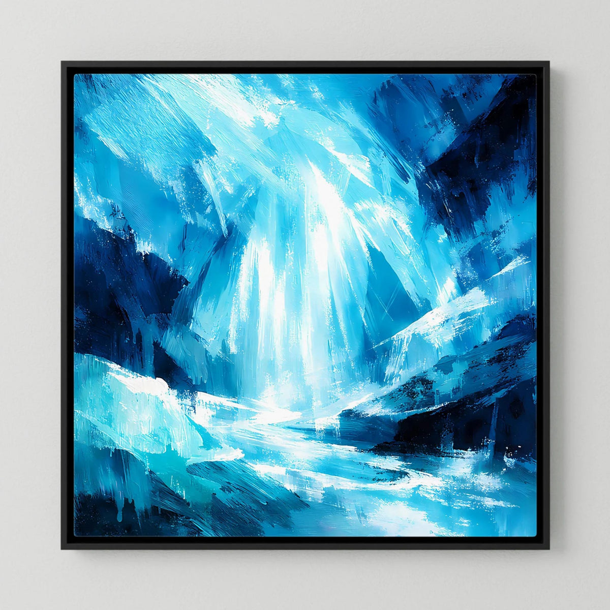 Abstraktes Leinwand-Wandbild mit Eisblau-Motiv im schwarzen Rahmen