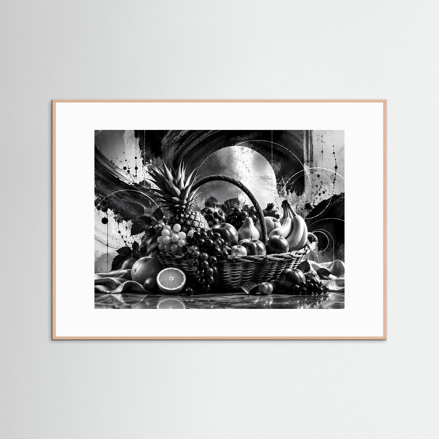 Schwarz-Weiß Obstkorb Poster | Modernes Stillleben Wandbild | Monochrome Früchte Kunst | Elegante Küchen Deko | Abstrakte Wall Art