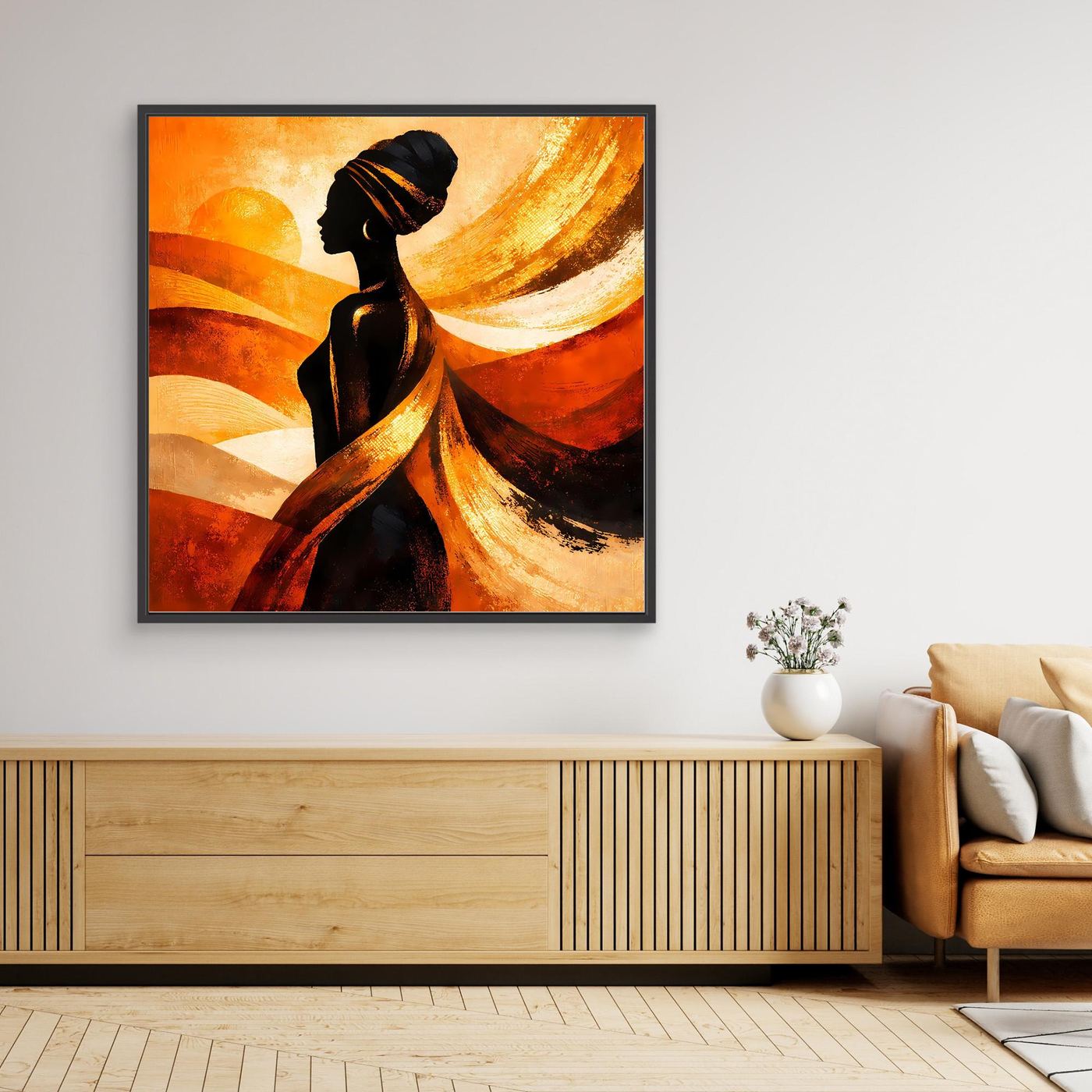Leinwandbild mit Silhouette afrikanischer Frau, abstrakt in Orange und Gold, dunkler Rahmen