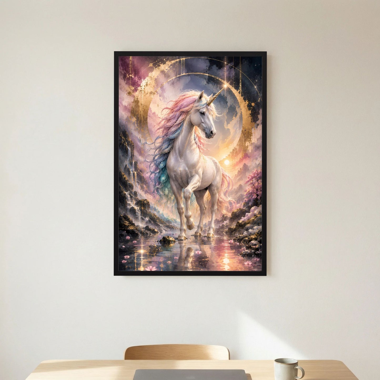 Hochformatposter: Einhorn in Graublau mit Pastellfarben und goldenen Glanzlichtern