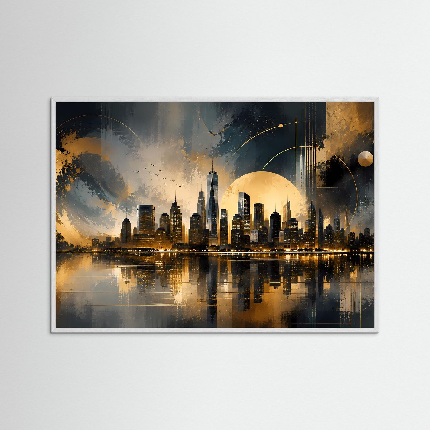 Querformatiges Poster mit weißem Holzrahmen, New-York-Skyline in Schwarz und Gold
