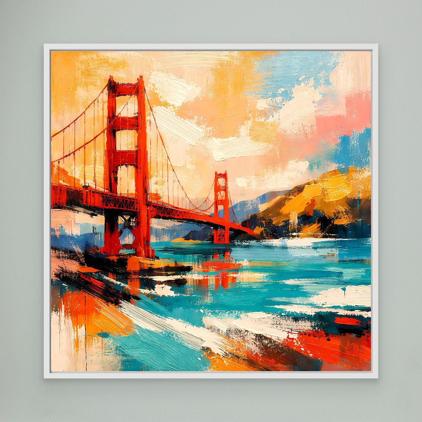 Framed abstract bridge wall art, red bridge towers over teal and orange brushstrokes