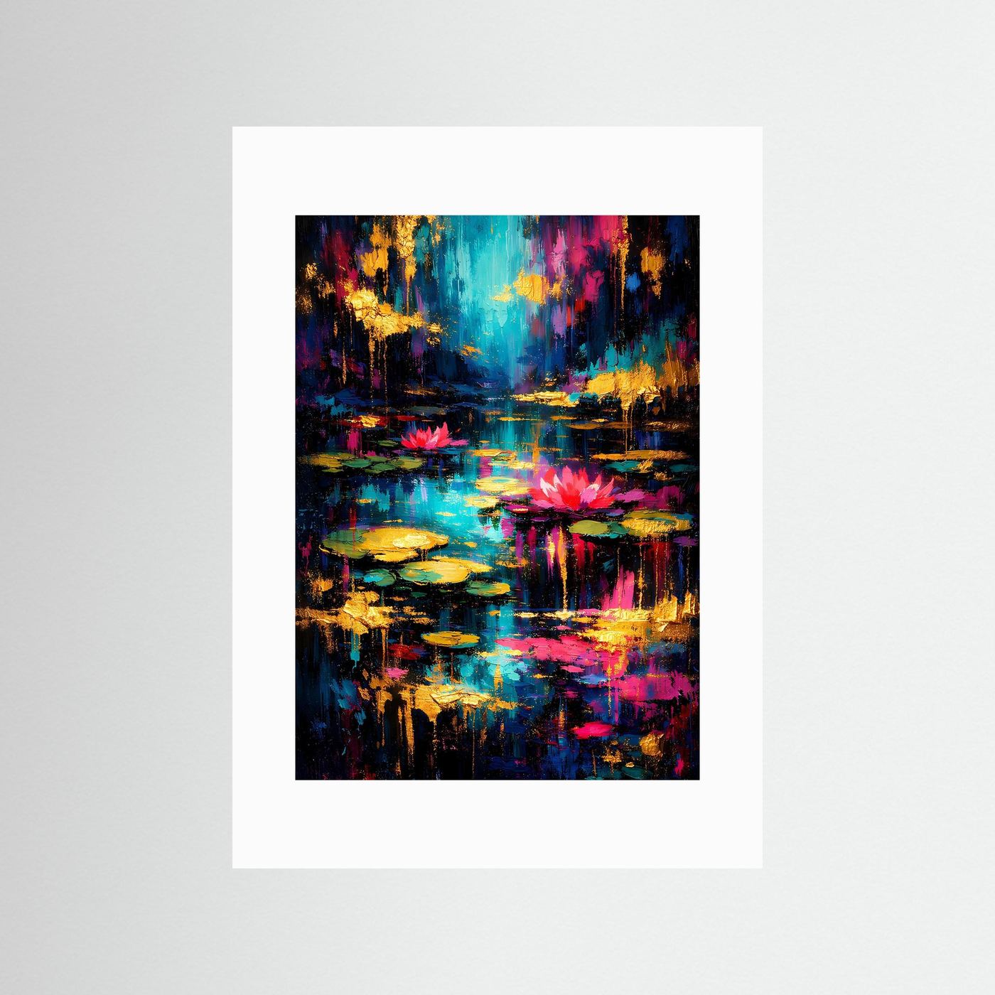 Abstraktes Kunstposter im Hochformat mit weißem Rand, türkisblau, magenta und Gold