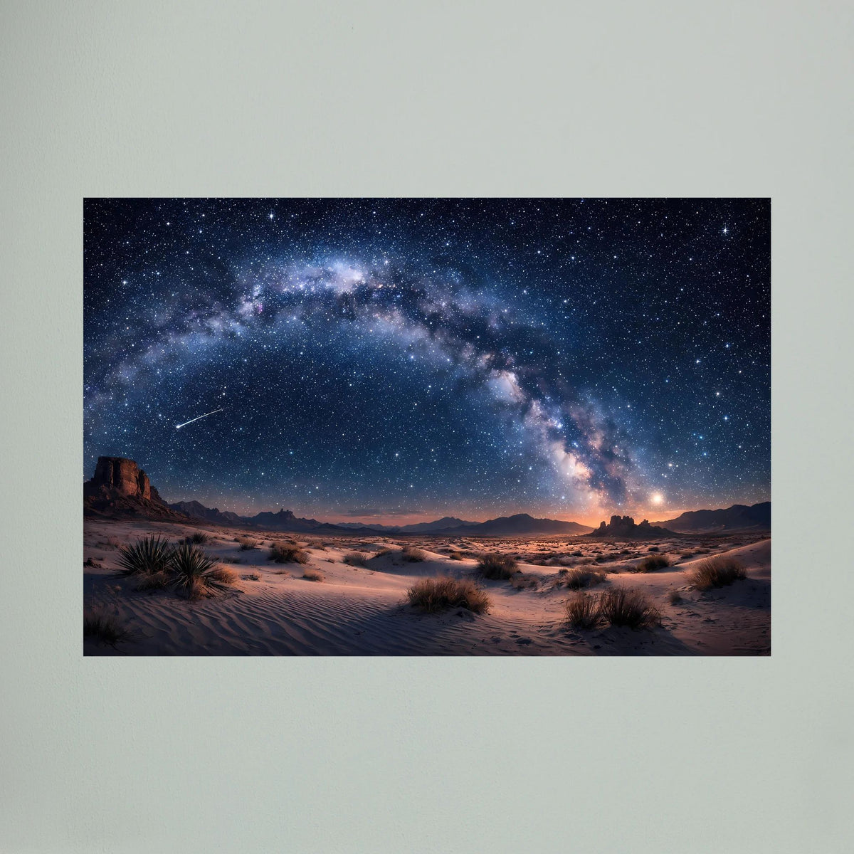 Wandbild mit Wüstenlandschaft unter der Milchstraße, Sternenhimmel im Querformat.
