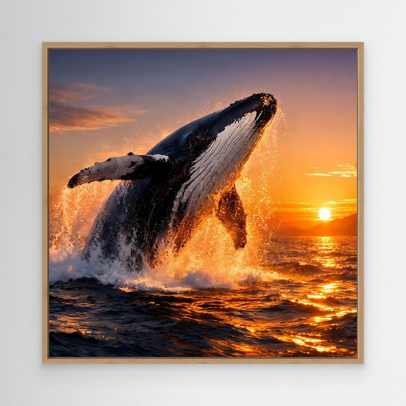 Leinwandbild mit springendem Buckelwal am Meer, im Eichenrahmen.