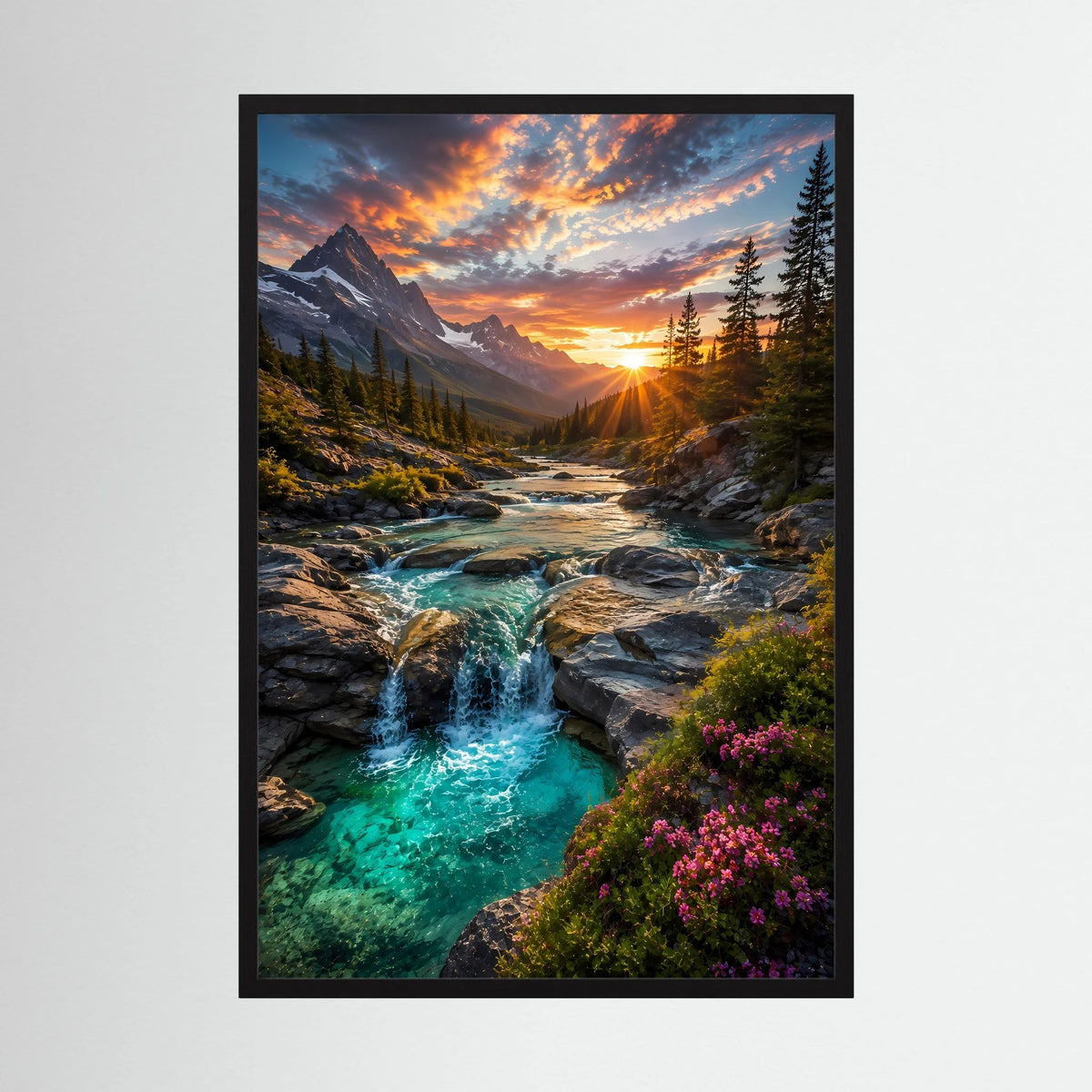 Hochformat-Poster mit türkisem Wasserfall im Alpen-Tal, schwarzer Holzrahmen