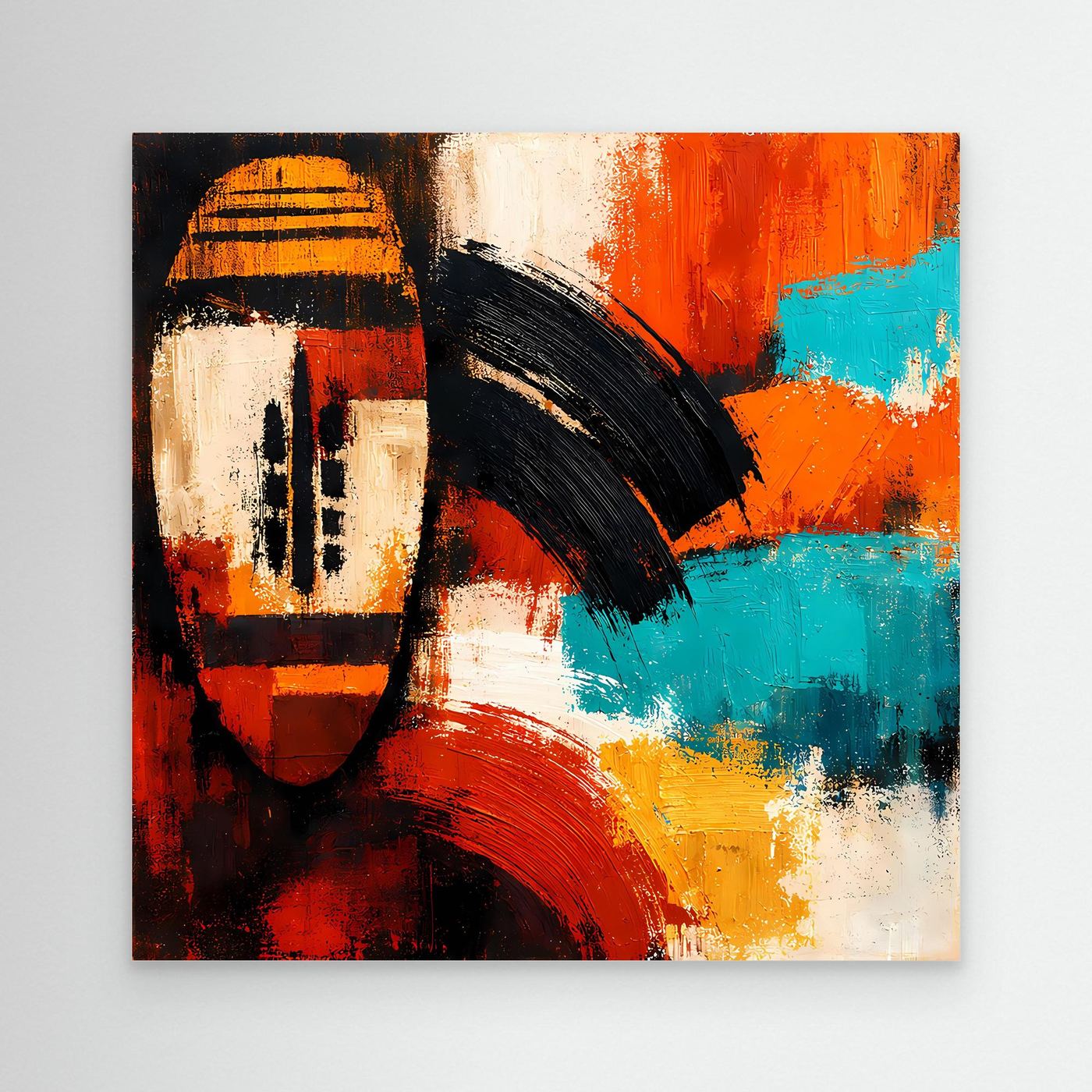 Abstract canvas wall art of an African mask in red, orange, teal and white tones