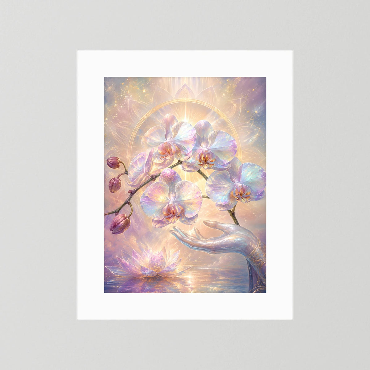 Hochformatiges Kunstposter mit Orchideen- und Lotusmotiv, Perlmutt-Pastell, weißer Rand