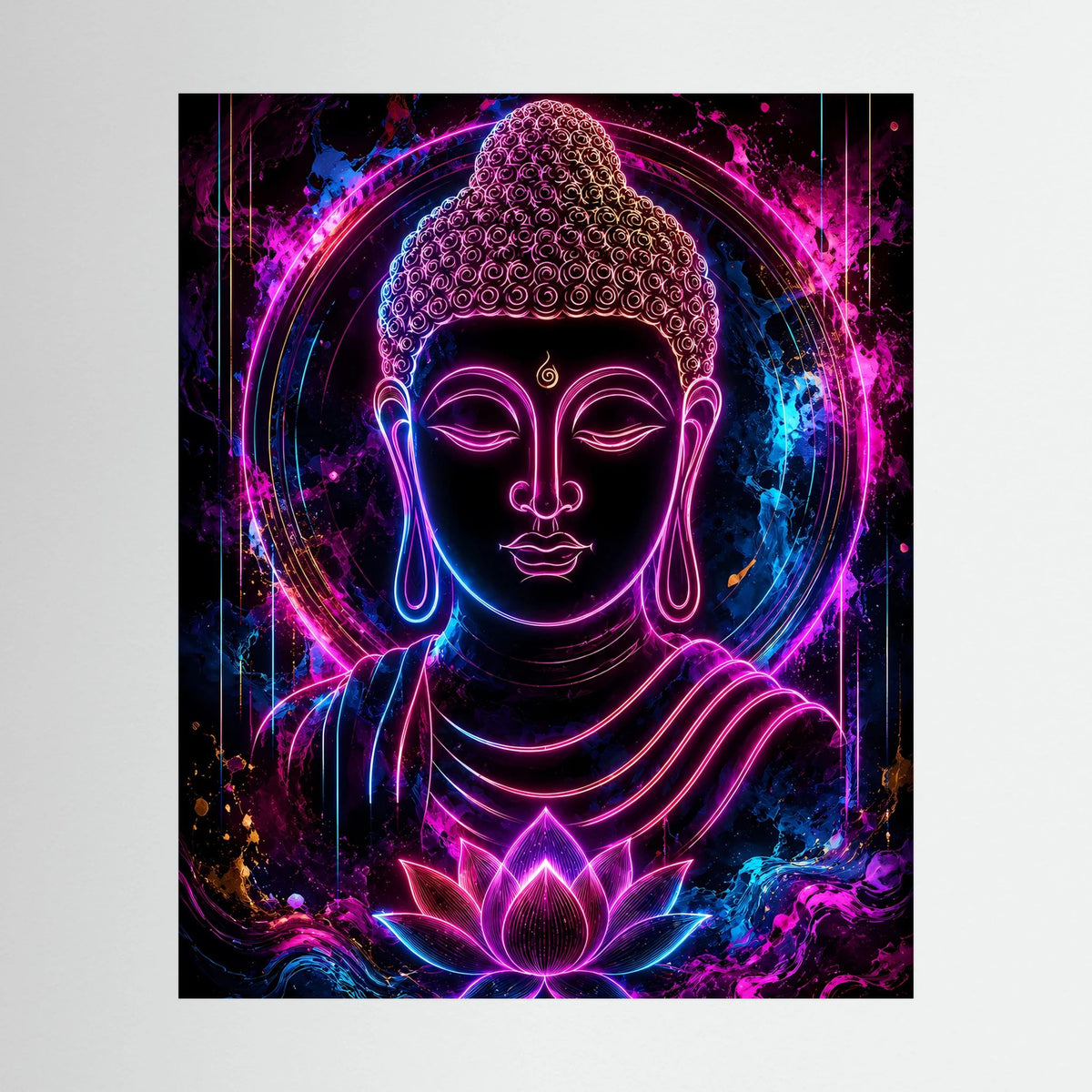 Neon-Buddha im Lotus, farbiges Rahmenbild mit schwarzem Rand, Hochformat.