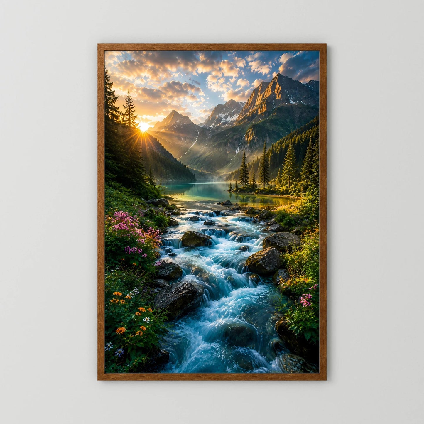 Poster im Hochformat mit Holzrahmen: Bachlauf, Berge und Sonne hinter den Gipfeln