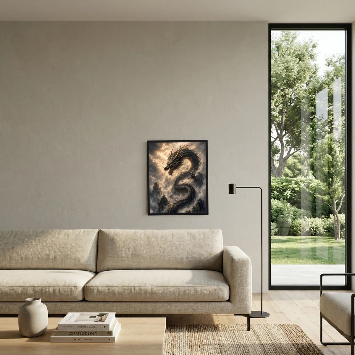 Wandbild mit schwarzem asiatischem Drachen im schwarzen Rahmen