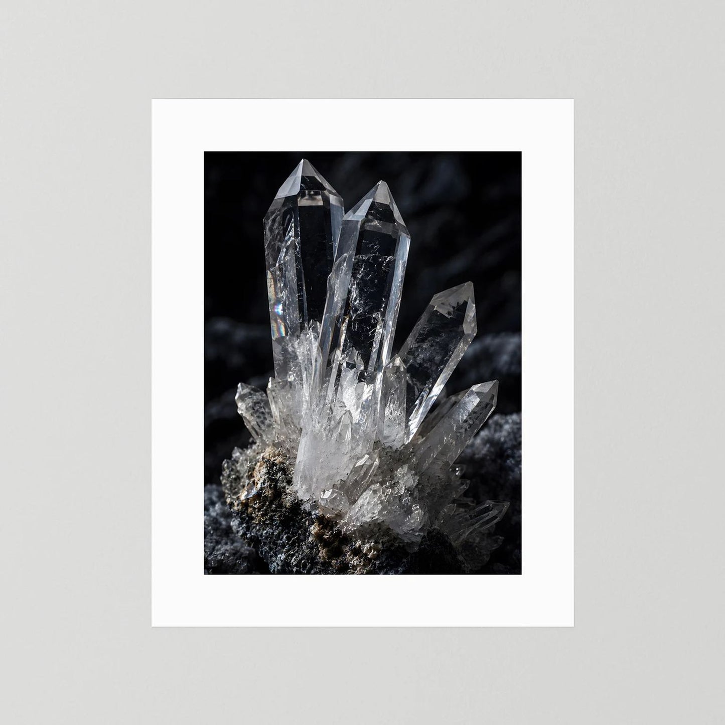 Mineralien-Wandbild im weißen Rahmen mit klarem Quarzkristall auf dunklem Gestein