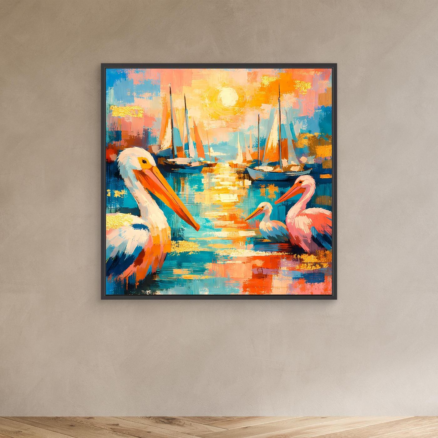 Leinwandbild mit bunten Pelikanen am Hafen und Segelbooten, im schwarzen Rahmen
