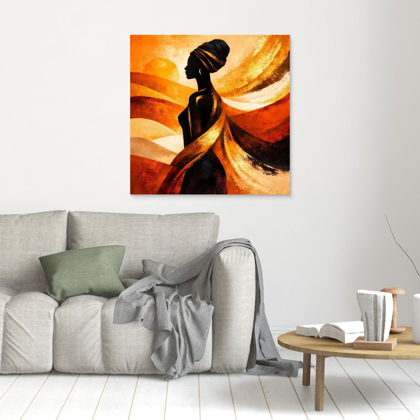 Quadratisches Leinwandbild mit Silhouette afrikanischer Frau, abstrakte Orange-Gold-Pinselstriche, ohne Rahmen