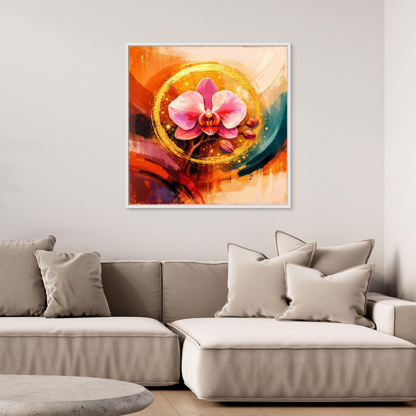 Florales Leinwandbild mit rosa Orchidee und goldener Kreisform, abstrakt, mit dunklem Rahmen