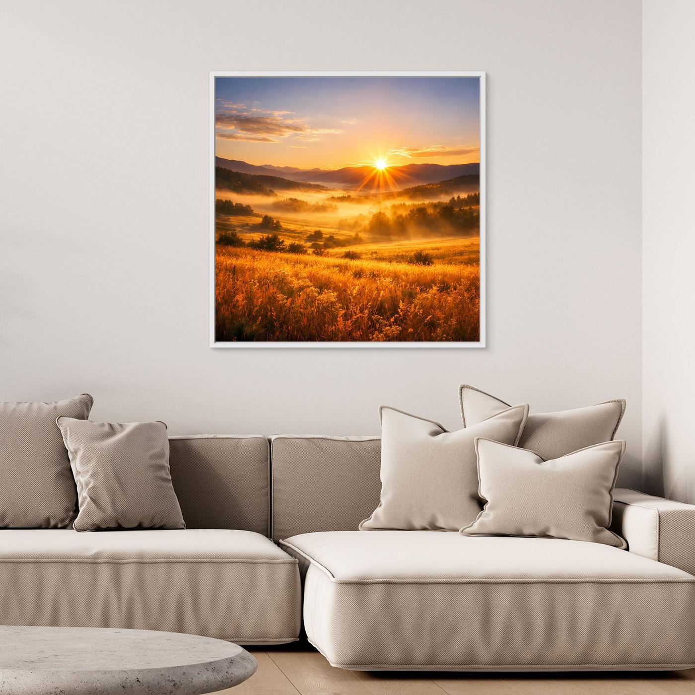 Leinwandbild Sonnenaufgang im Bergtal, weißer Rahmen, goldene Felder und Dunst in den Tälern