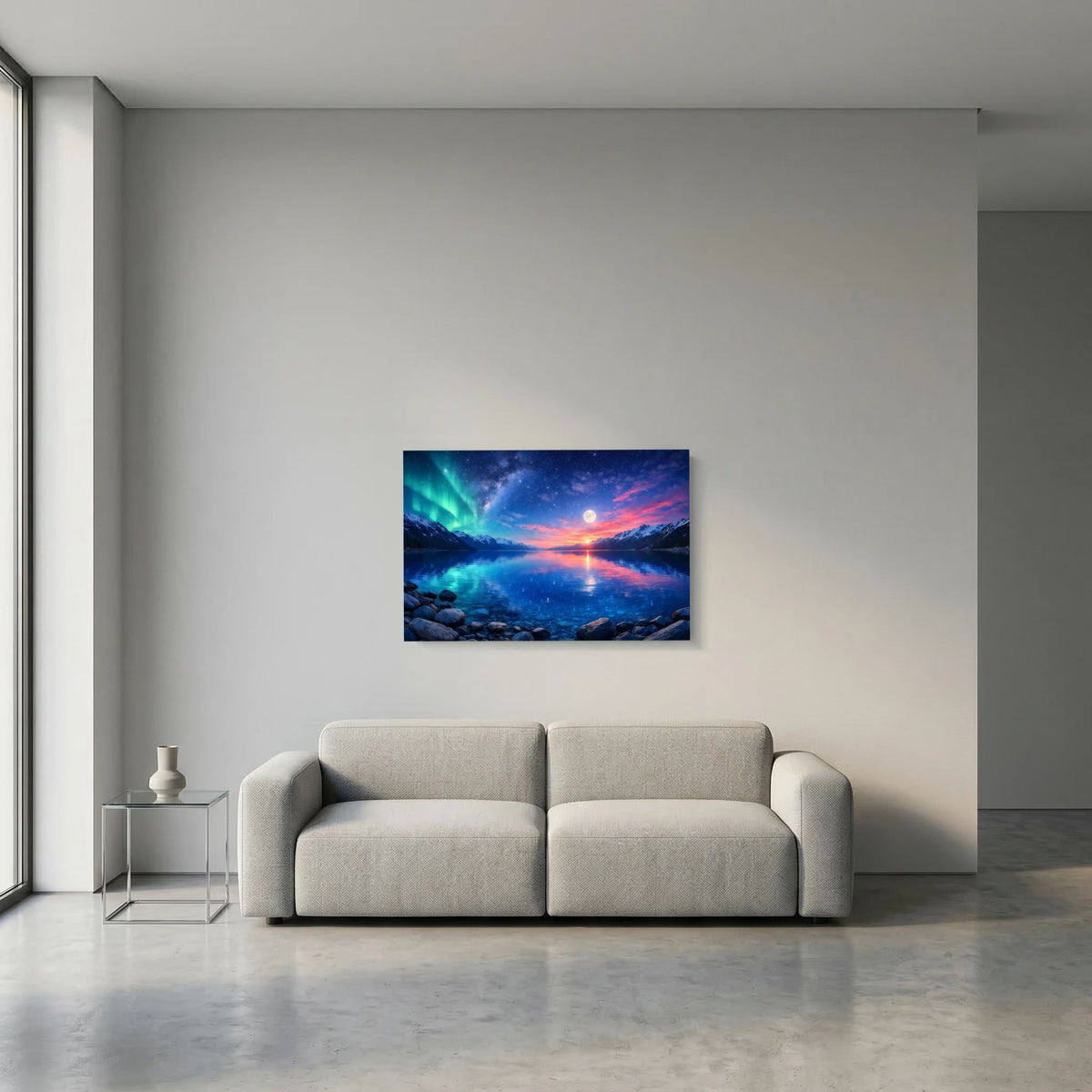 Wandbild im Querformat: Polarlicht am Nachthimmel, Mond über spiegelndem See, Felsen