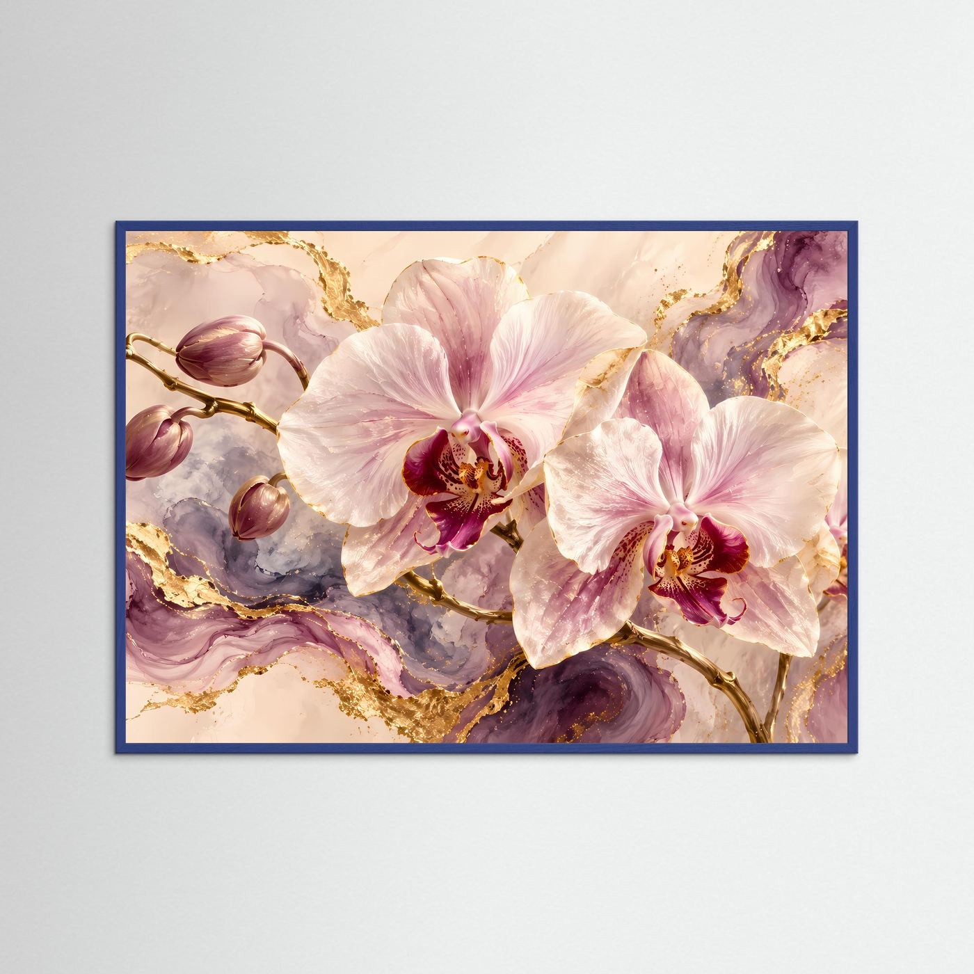 Gerahmtes Poster mit rosafarbenen Orchideen und Goldmarmor, blauer Rahmen, Querformat