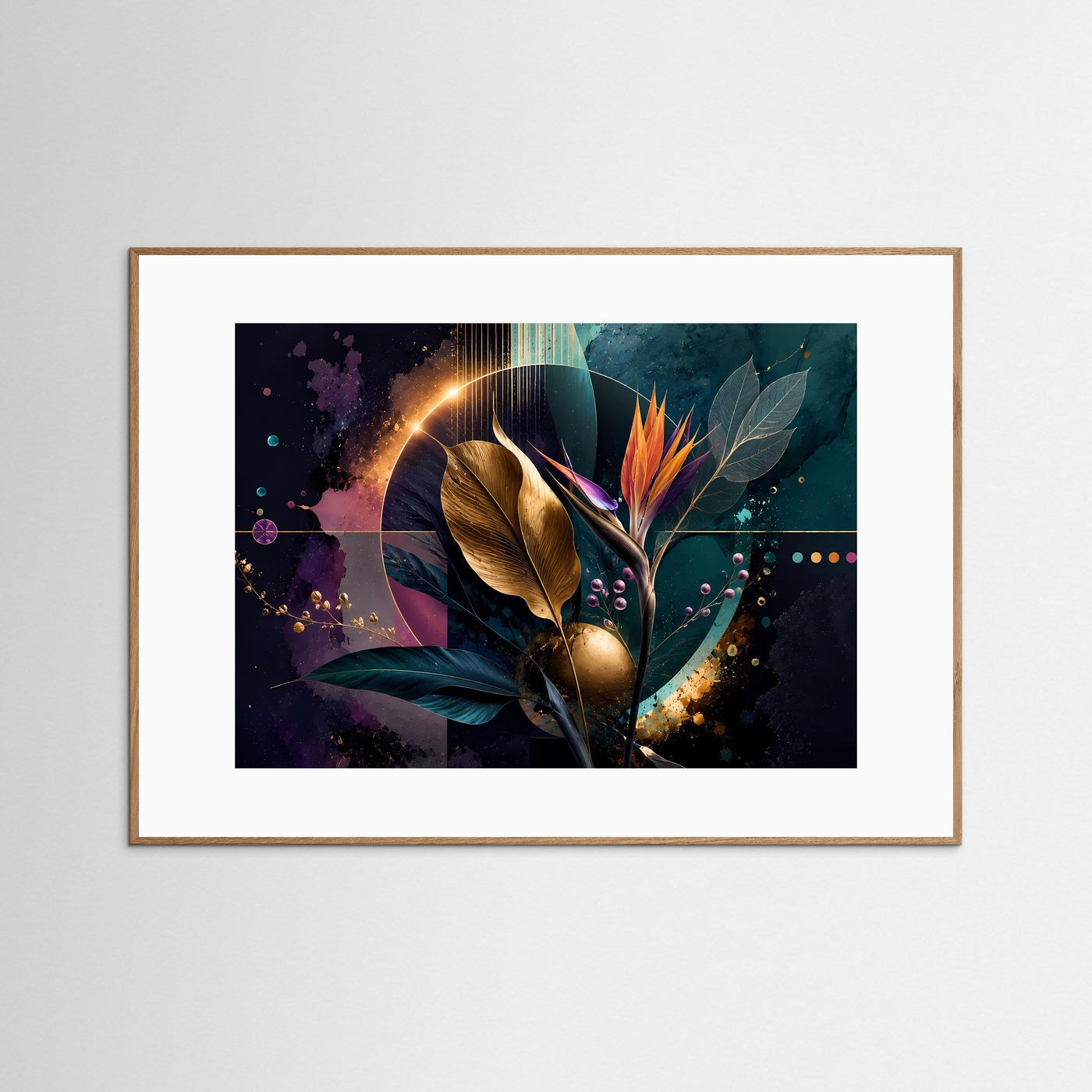 Goldene Strelitzie | Abstrakte Botanische Kunst in Petrol, Gold & Violett – Elegante Wandkunst