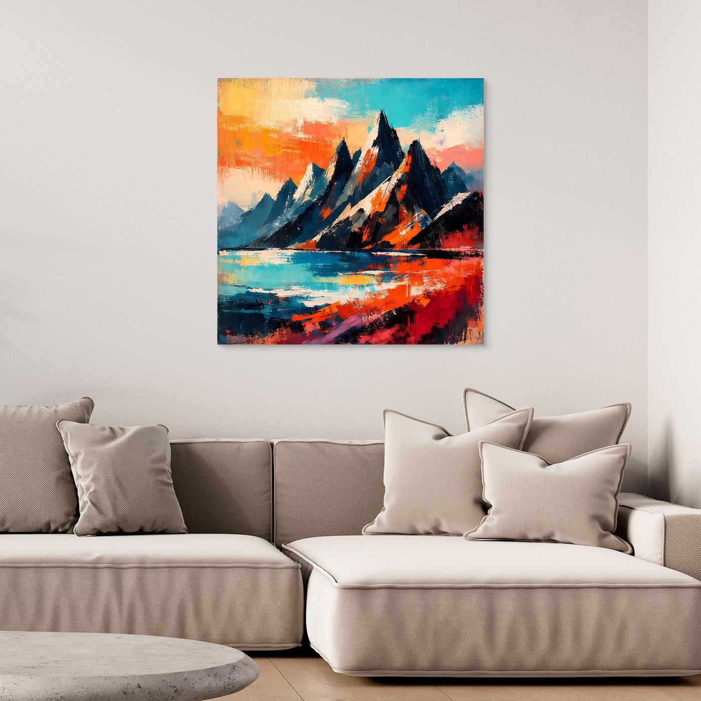 Abstraktes Leinwand-Wandbild mit Bergsilhouetten und farbiger Wasserfläche in Blau/Orange