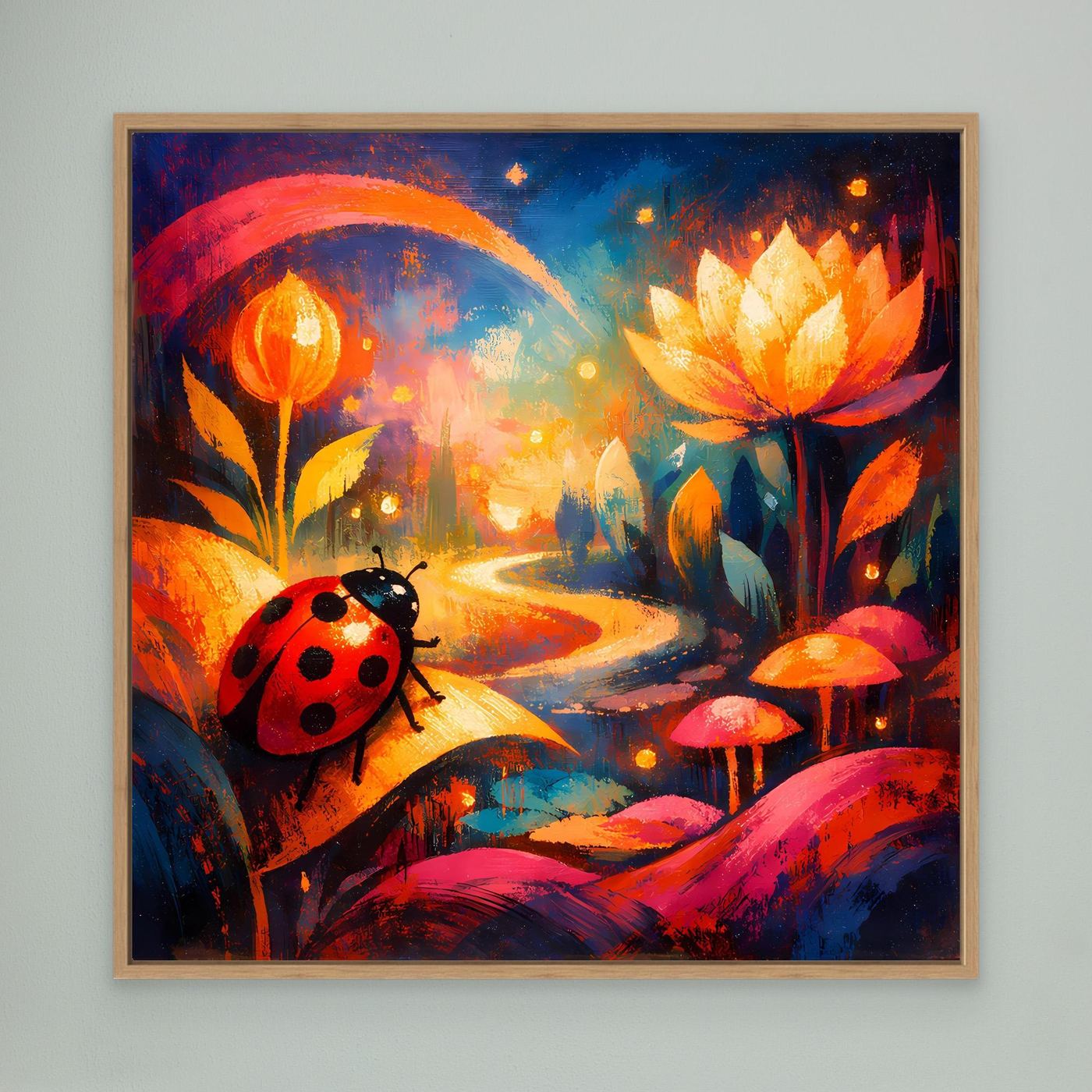 Leinwand-Wandbild mit Marienkäfer auf buntem Pfad und leuchtender Lotusblüte im Eichenrahmen