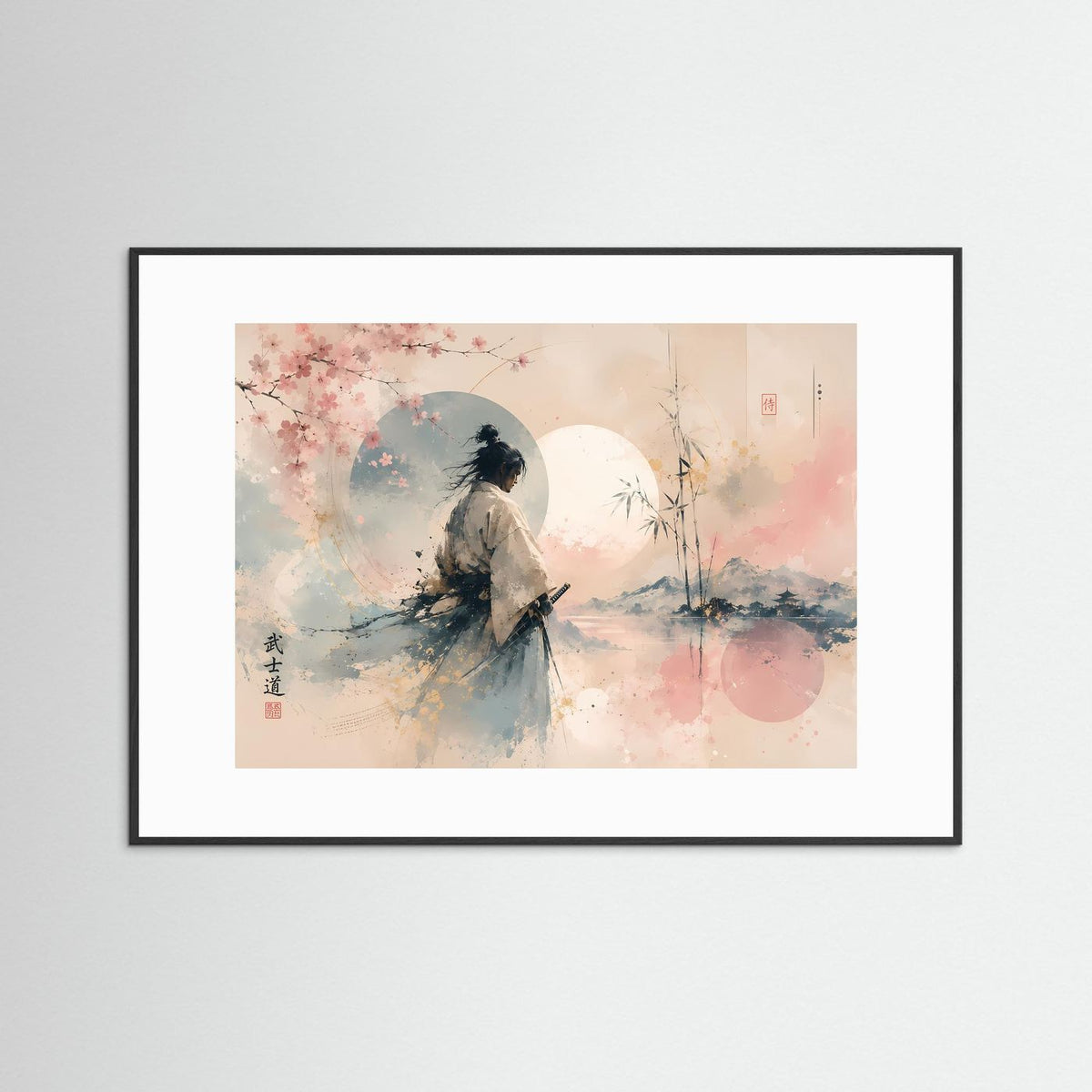 Schwarzer gerahmter Kunstdruck mit Passepartout: Samurai unter Kirschblüten in Pastell