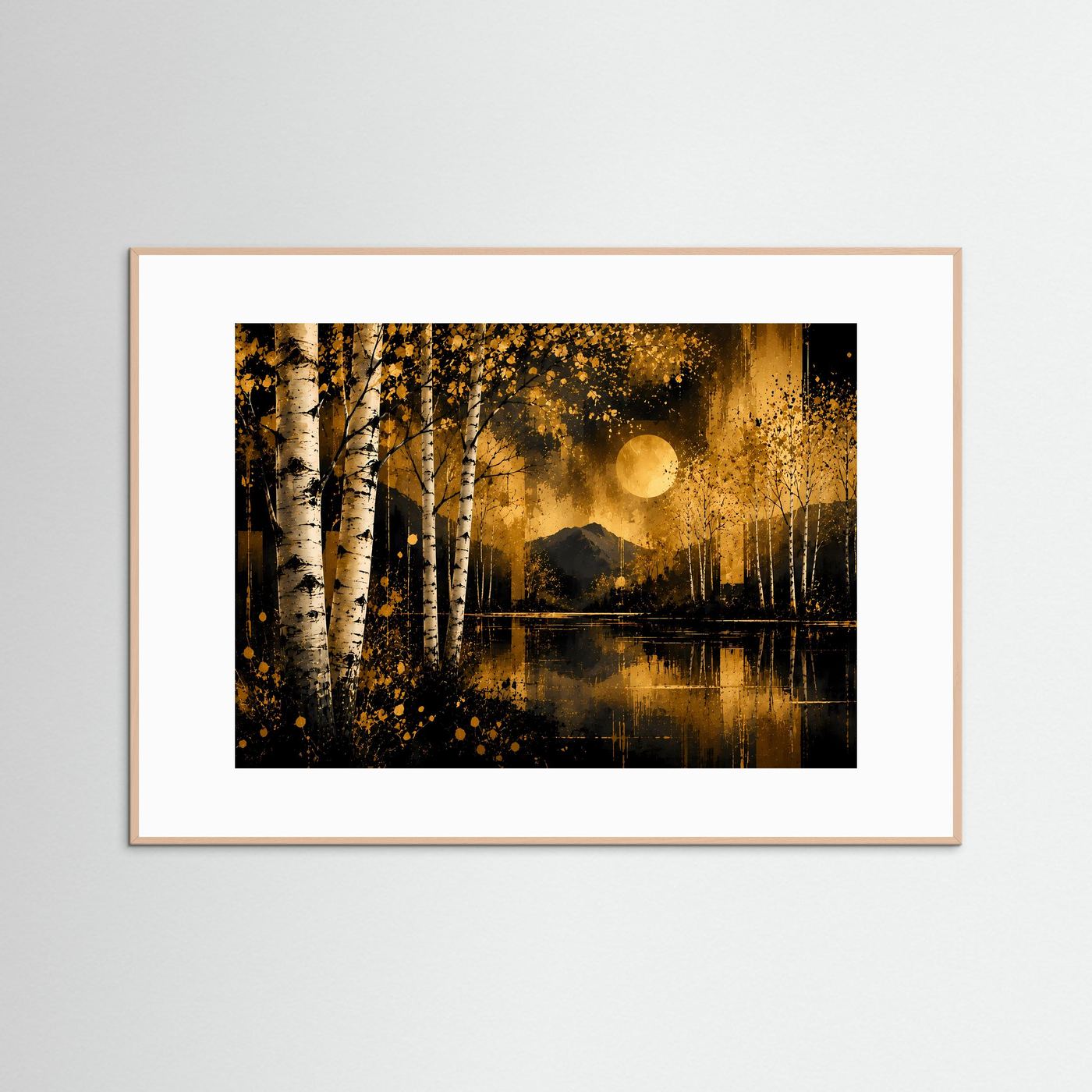 Gerahmtes Poster mit Birkenwald, See und goldener Sonne, helles Holzrahmen-Design