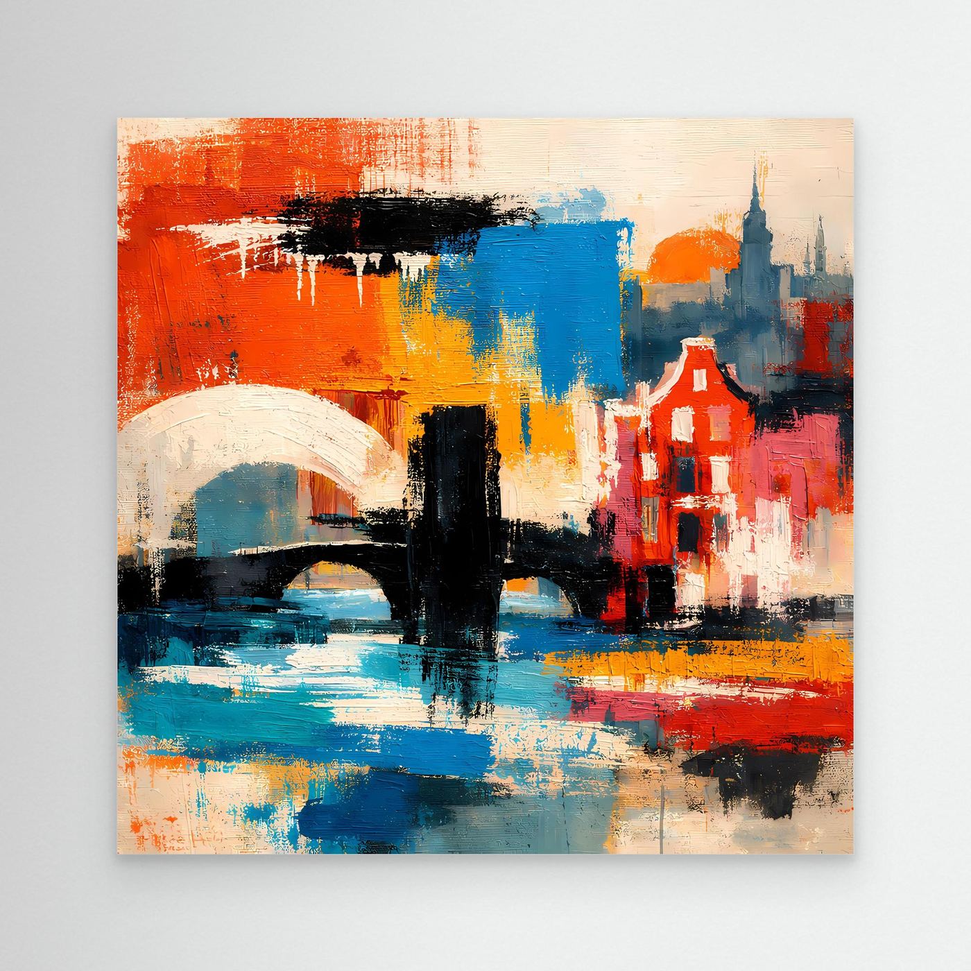 Leinwand-Wandbild mit abstrakter Stadtansicht in Rot, Blau und Gelb, ohne Rahmen