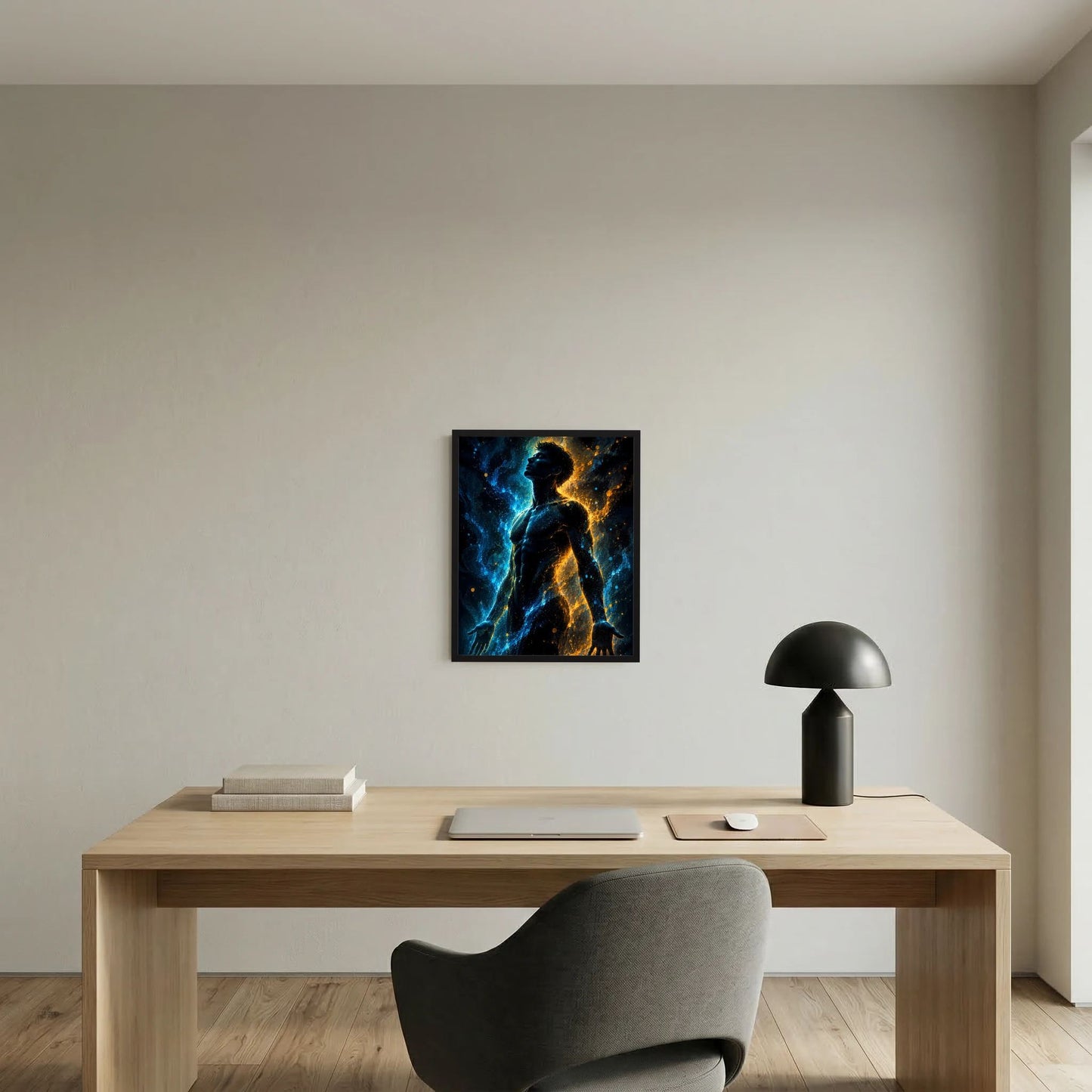 Poster mit männlicher Silhouette in Blau und Gold, im schwarzen Rahmen