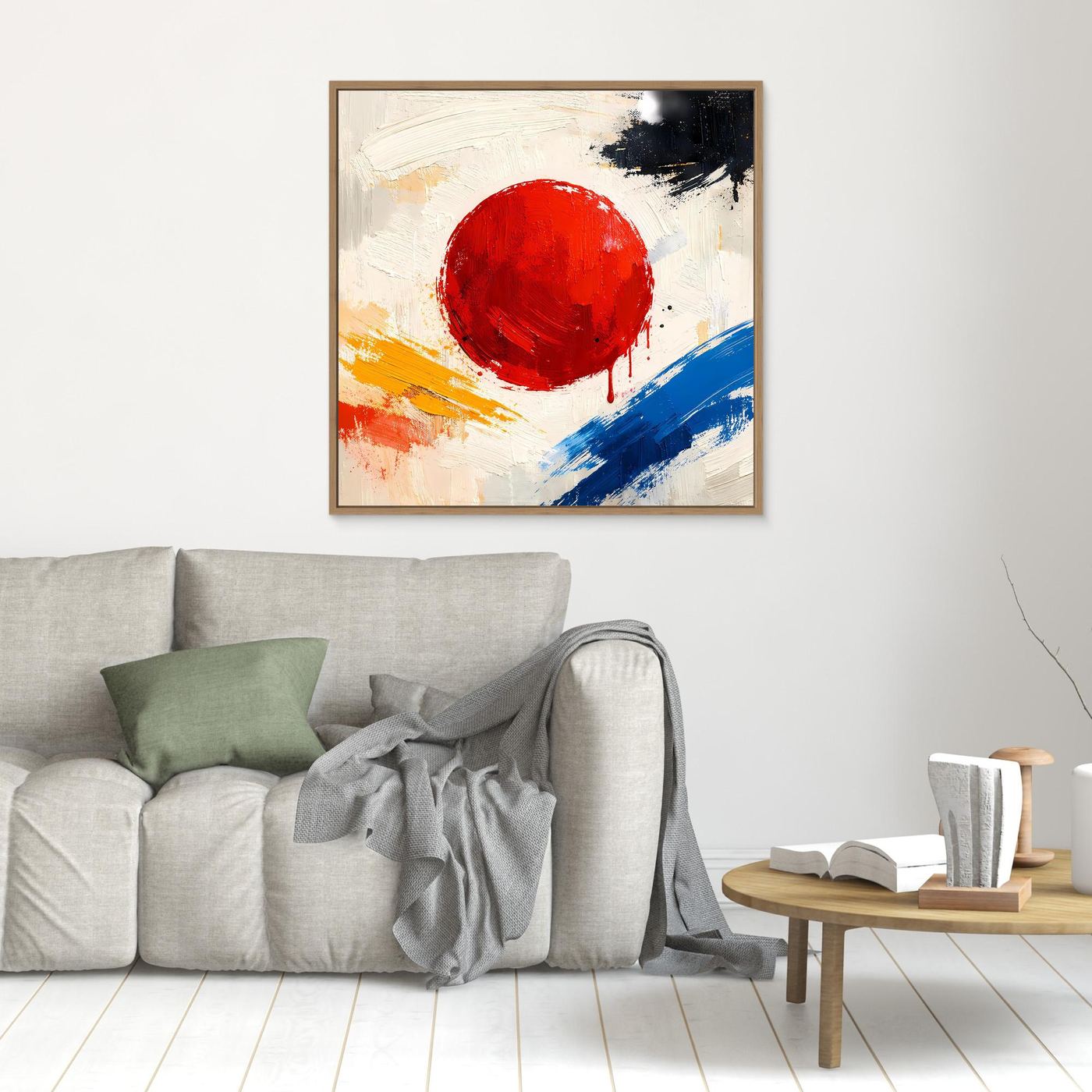 Small abstract wall canvas with red sun circle and blue, orange brush strokes, oak frame.