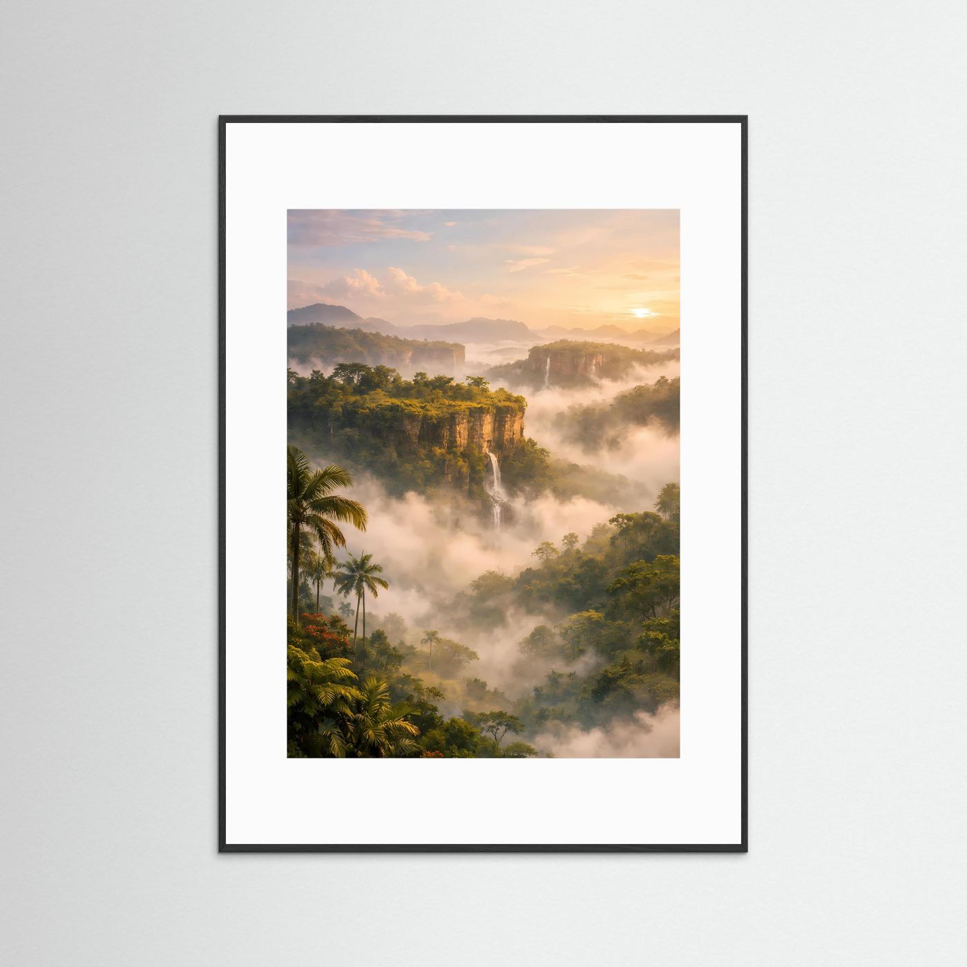 Dschungelposter im Hochformat mit Wasserfällen und Nebel im schwarzen Rahmen mit weißem Rand