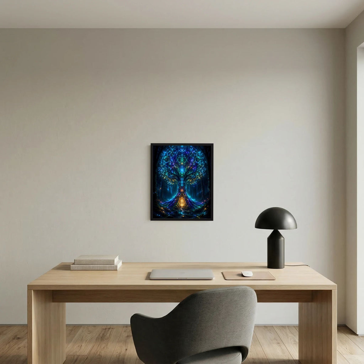 Wandposter im schwarzen Rahmen mit blau-grün leuchtendem Baum-Motiv über Sideboard