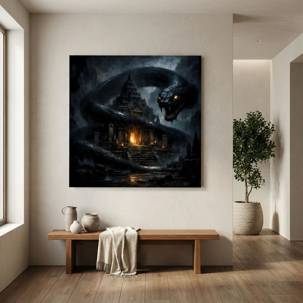Fantasy-Wandbild auf Leinwand: schwarze Schlange, leuchtende Augen, Tempel im Dunkeln