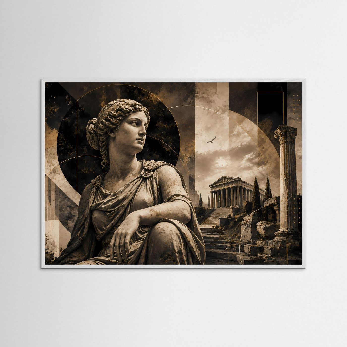 Klassisches Poster mit Göttinnen-Statue und Tempelruinen, weiß gerahmt, Querformat