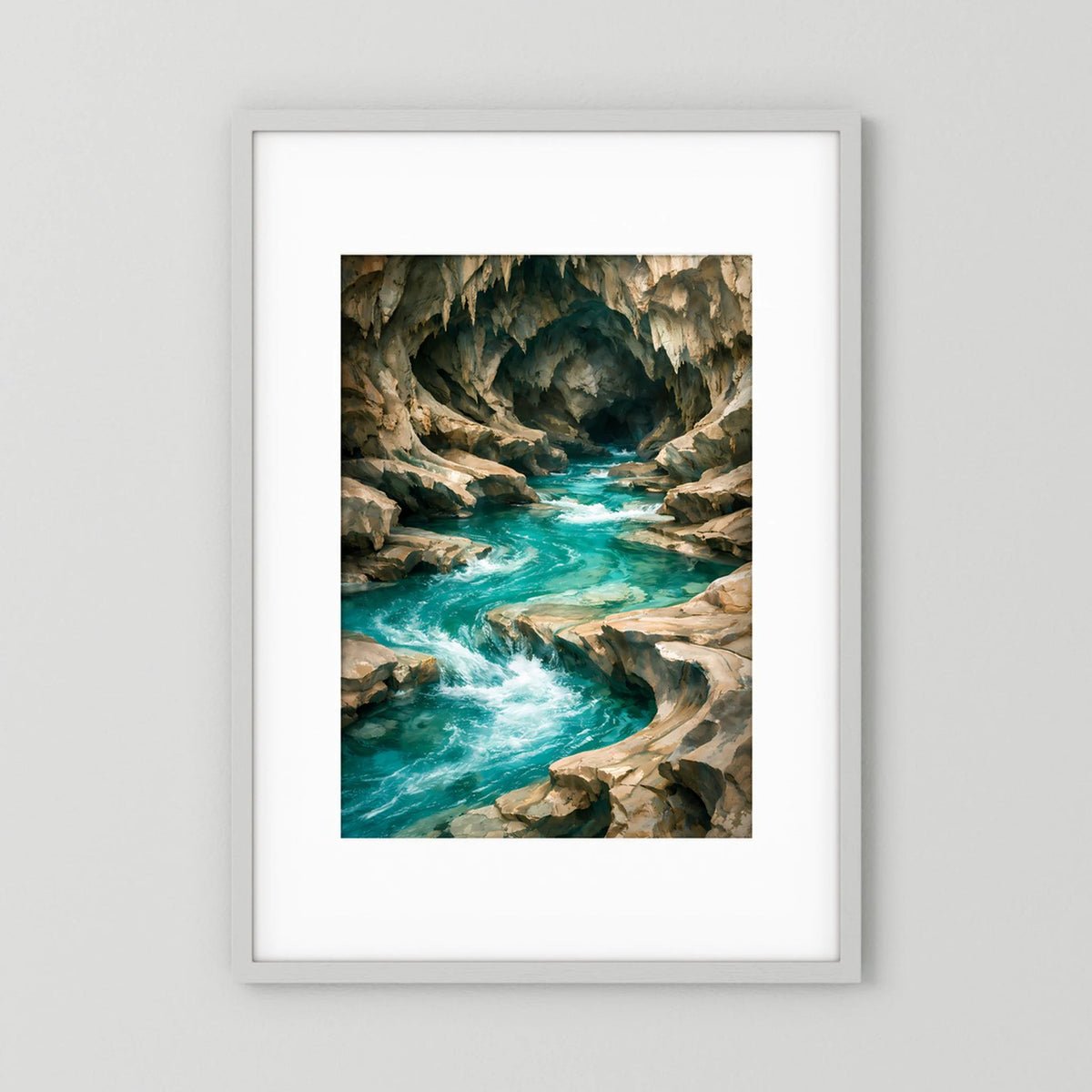 Türkisfarbene Felsenhöhle Kunstposter im weißen Rahmen