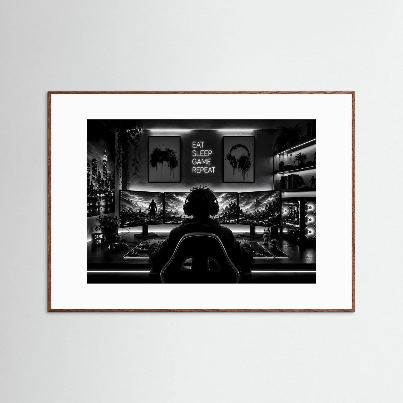 Gaming Poster Schwarz Weiß | Gamer Setup Wandbild | Gaming Room Deko | PC Gaming Kunst | Monochromer Fine Art Print