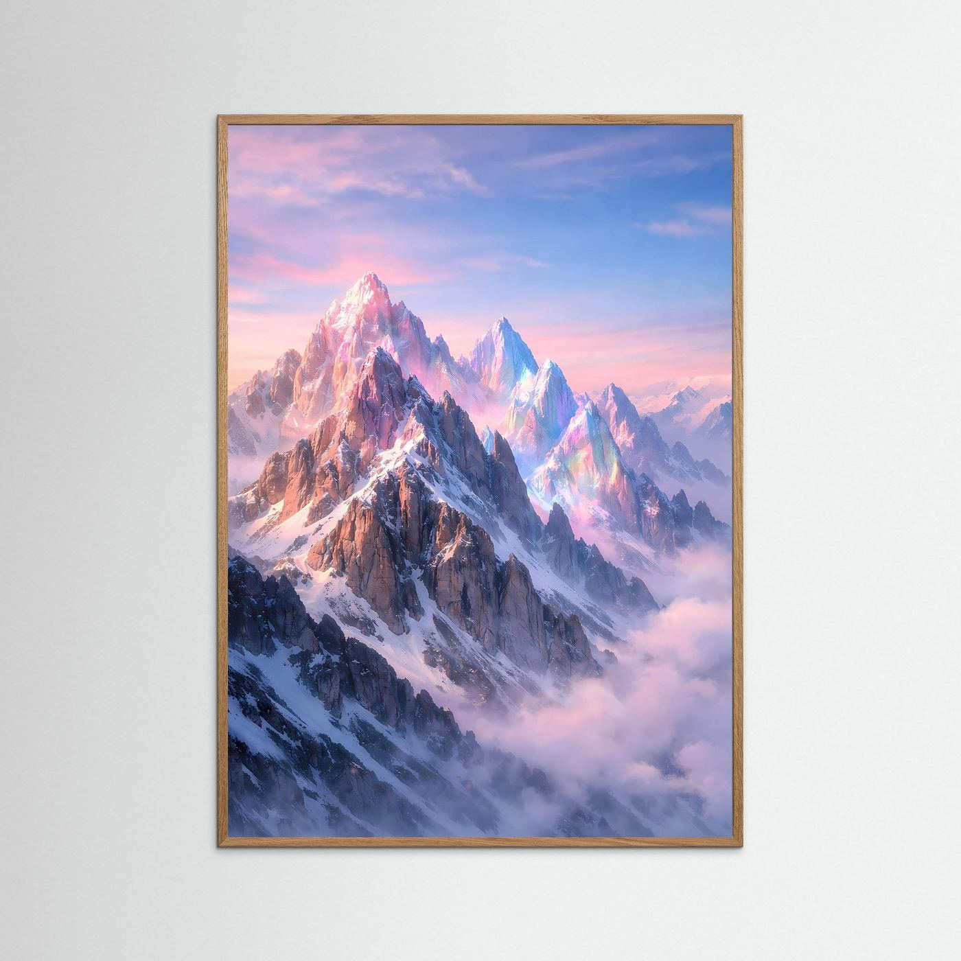 Fantasy-Bergposter mit kristallklaren Gipfeln in Pastellrosa und Eisblau im hellen Holzrahmen