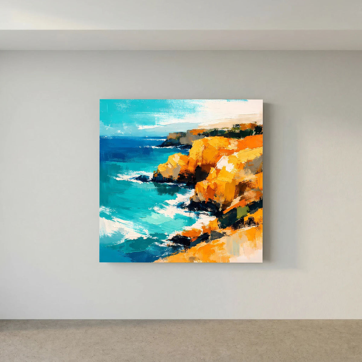 Leinwand Abstraktes Steilküsten Gemälde | Modernes Mediterranes Meeres Wandbild Blau Gelb
