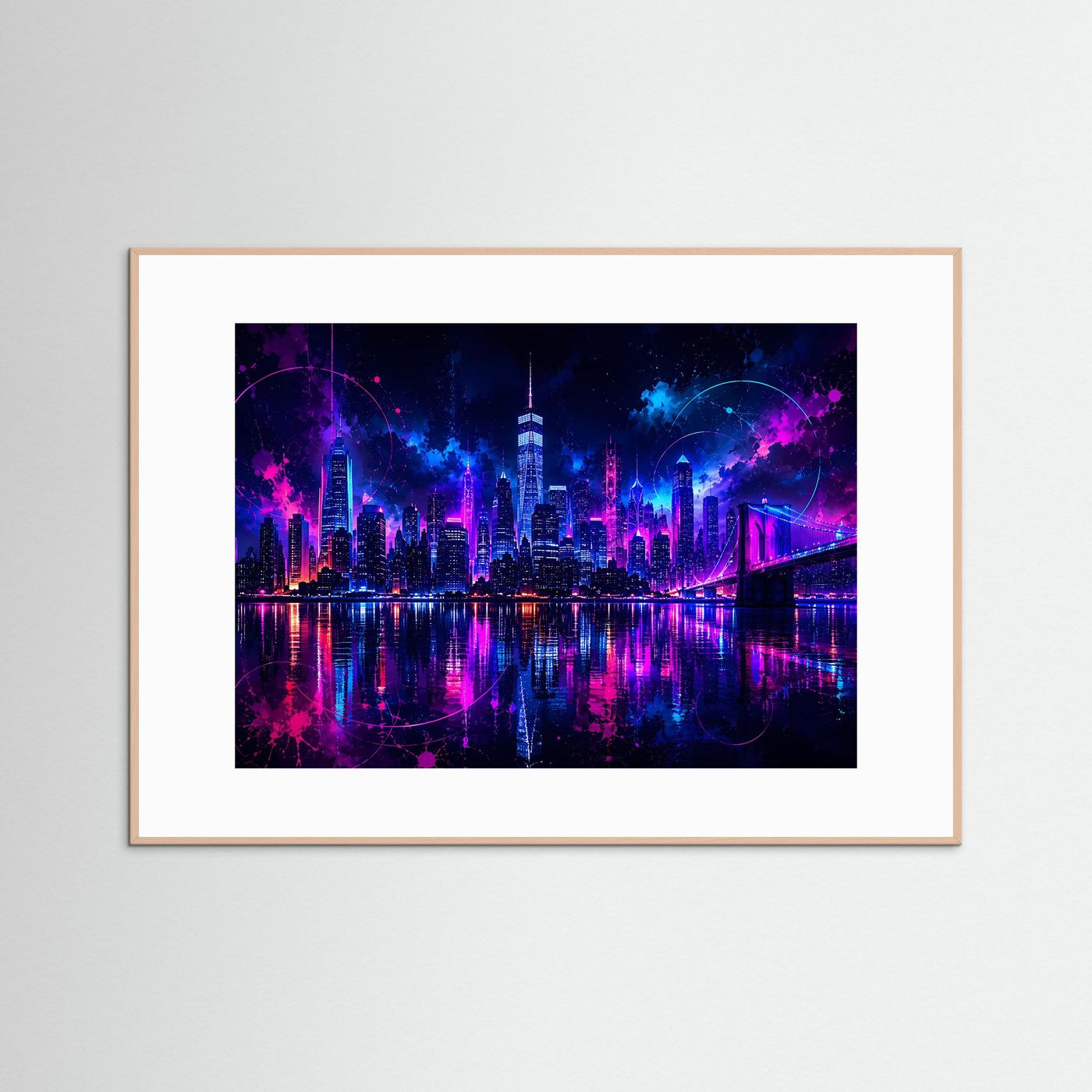 Neon New York Skyline Poster | Futuristische Cyberpunk Stadt bei Nacht | Moderne Wandkunst in Pink & Blau