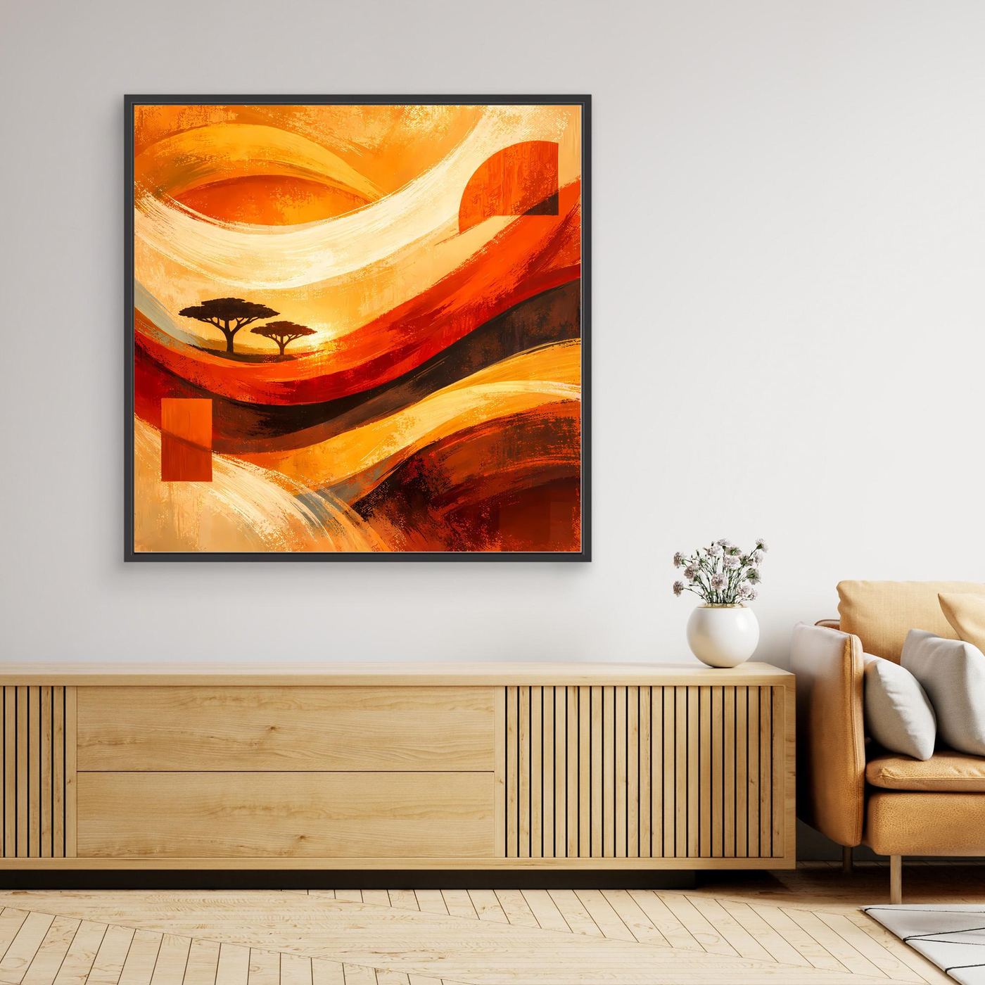 Leinwandbild mit schwarzem Rahmen, abstraktes Wüstenmotiv mit Akazien-Silhouetten in Orange/Rot