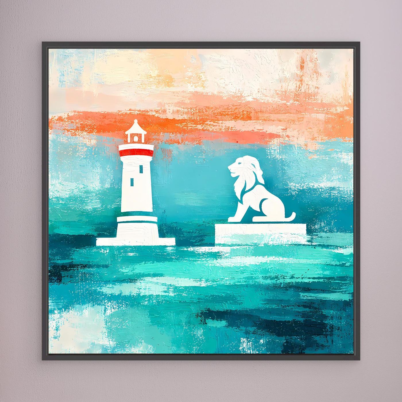 Leinwand Maritimer Leuchtturm und Löwe | Abstraktes Küsten Wandbild Lindau