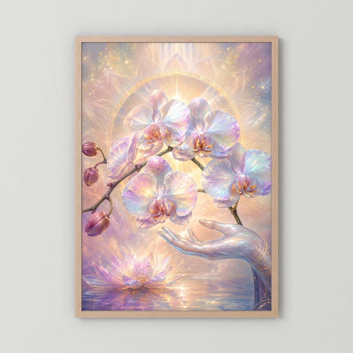 Hochformatiges Kunstposter mit Orchideen- und Lotusmotiv, Perlmutt-Pastell, Holzrahmen