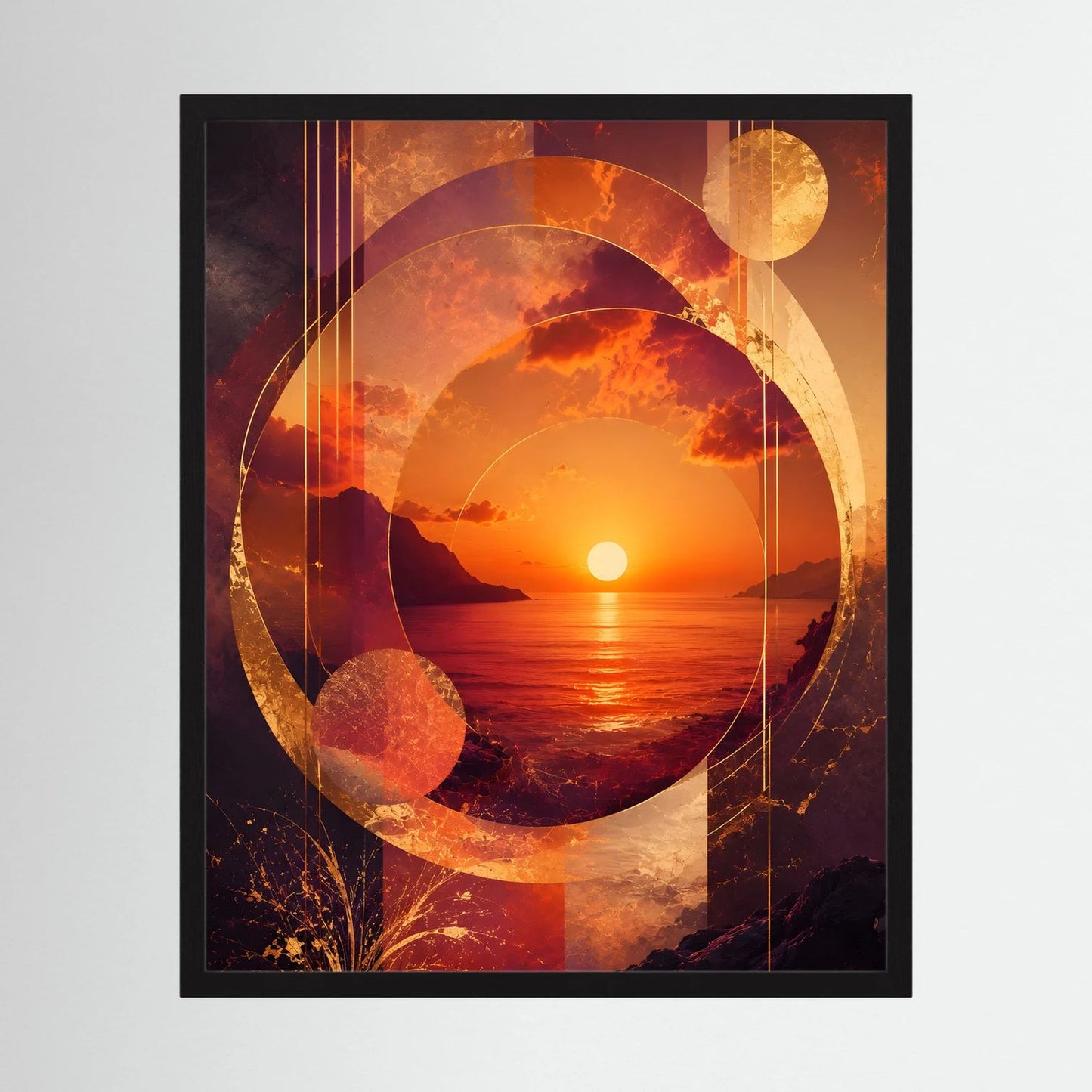 Abstraktes Sonnenuntergangs-Poster mit schwarzem Holzrahmen und gold/orange Kreisen