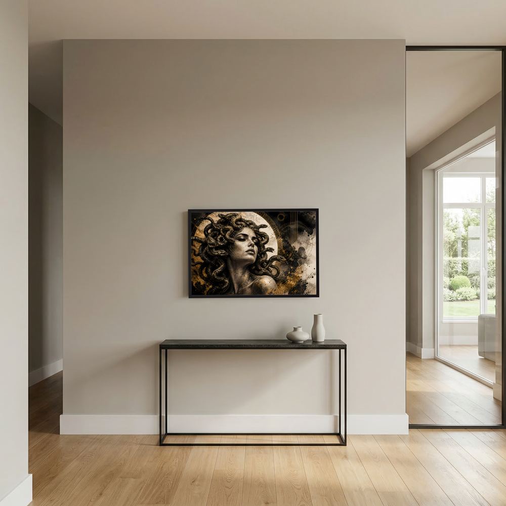 Wandbild mit Medusa-Porträt: Schlangenhaar, goldene Ornamente auf dunklem Hintergrund, schwarz gerahmt