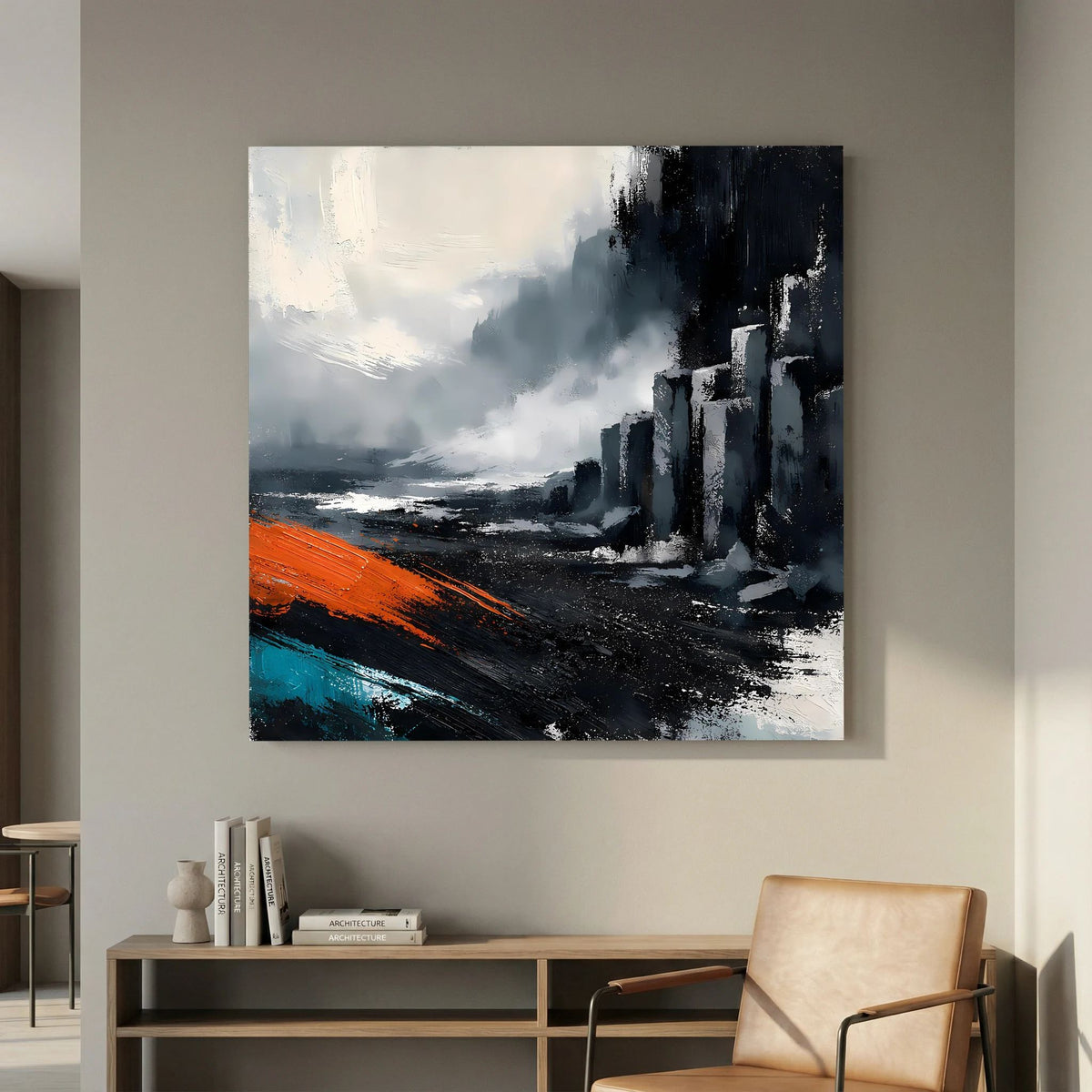 Leinwand Abstraktes Basaltsäulen Gemälde | Modernes Isländisches Vulkan Wandbild Schwarz Orange