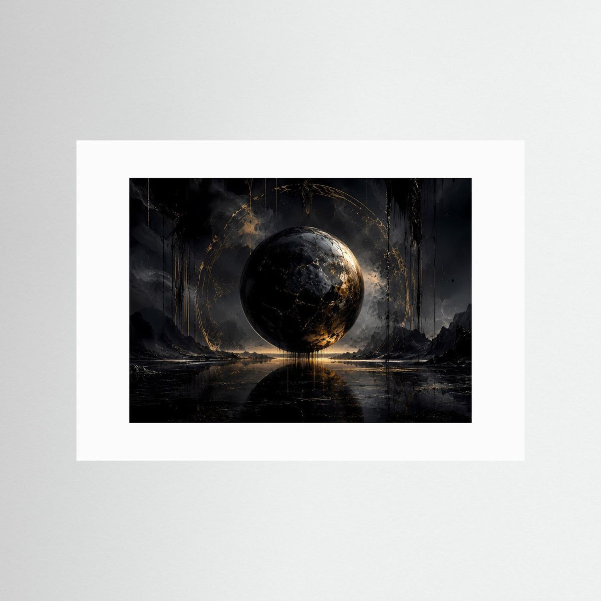 Modernes Wandbild mit schwarzer Gold-Sphäre und dunkler Landschaft, Querformat, mit weißem Rand